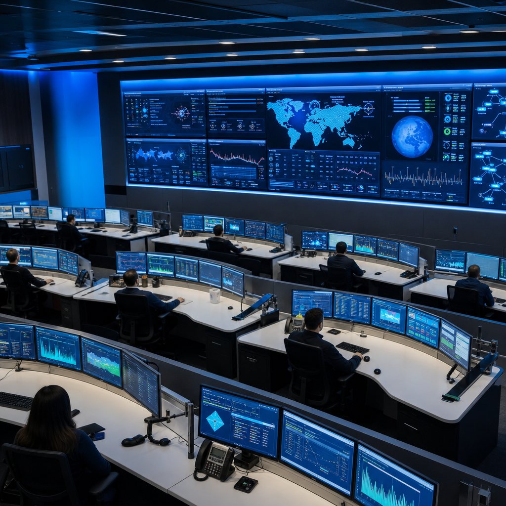 Operators at workstations in a network operations center with a large video wall